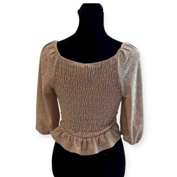 y2k light brown eyelet ruffle sleeve front tie smocked top coquette cottagecore - Picture 3 of 9